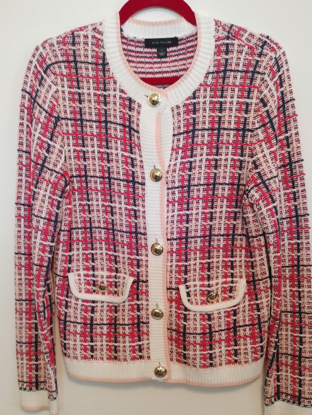 Ann Taylor Red, Pink, Navy and White Tweed-Style Button Cardigan